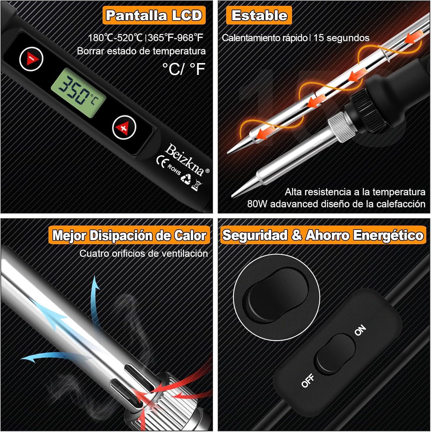 Imagen de Beizkna Soldador de estaño 80W Kit 13 en 1 Soldador Profesional con Temperatura Ajustable 180℃-520℃, 5pcs Puntas, Bomba Desoldadora, Soporte, Pinzas Antiestáticas, Alambre de Soldadura