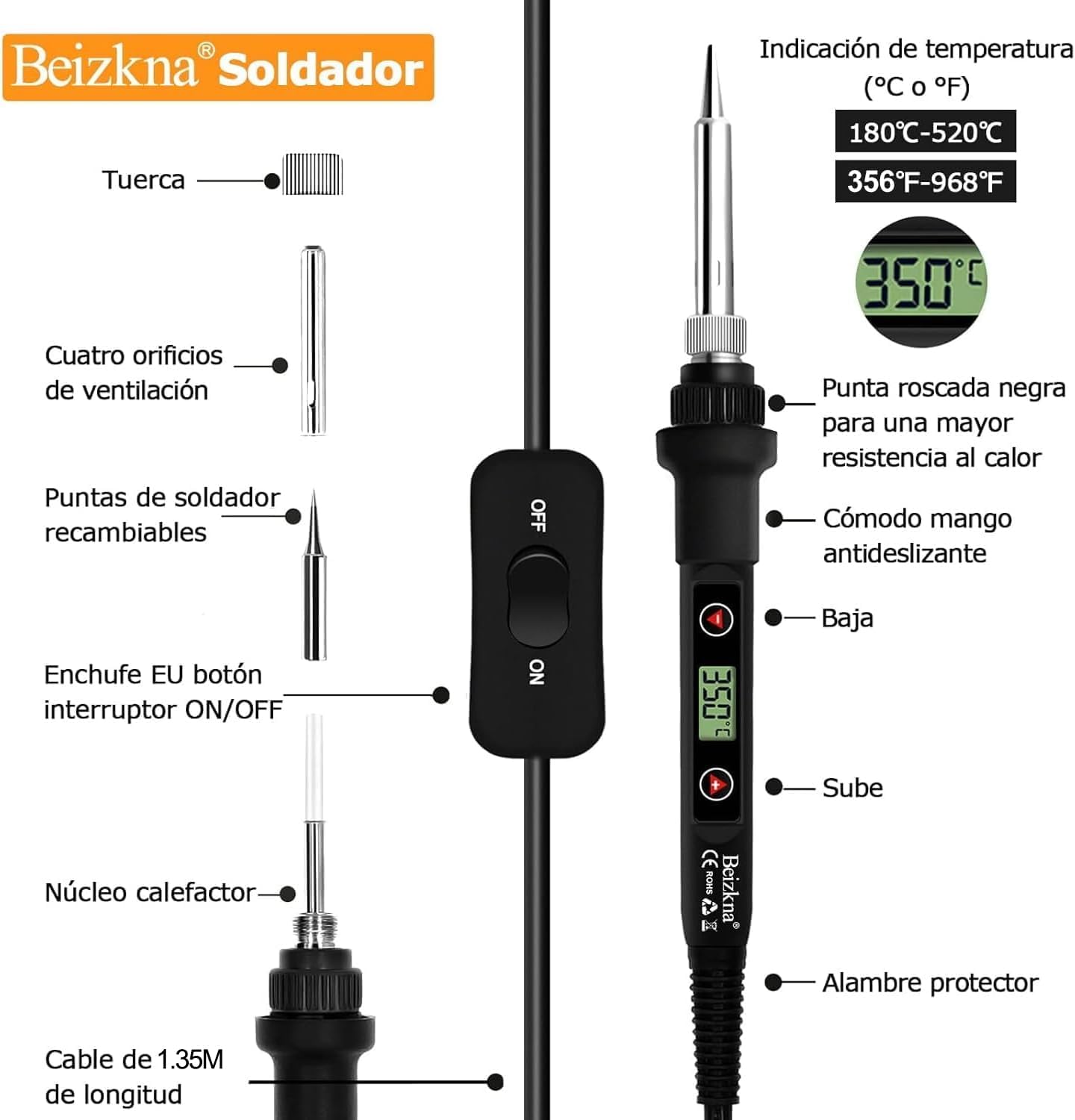 Imagen de Beizkna Soldador de estaño 80W Kit 13 en 1 Soldador Profesional con Temperatura Ajustable 180℃-520℃, 5pcs Puntas, Bomba Desoldadora, Soporte, Pinzas Antiestáticas, Alambre de Soldadura