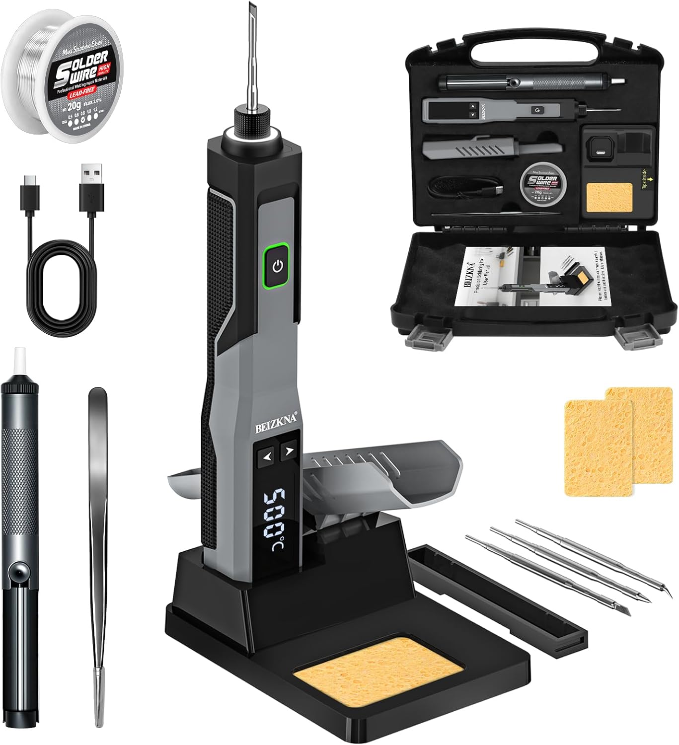 Imagen de Beizkna Soldador de estaño 80W Kit 13 en 1 Soldador Profesional con Temperatura Ajustable 180℃-520℃, 5pcs Puntas, Bomba Desoldadora, Soporte, Pinzas Antiestáticas, Alambre de Soldadura