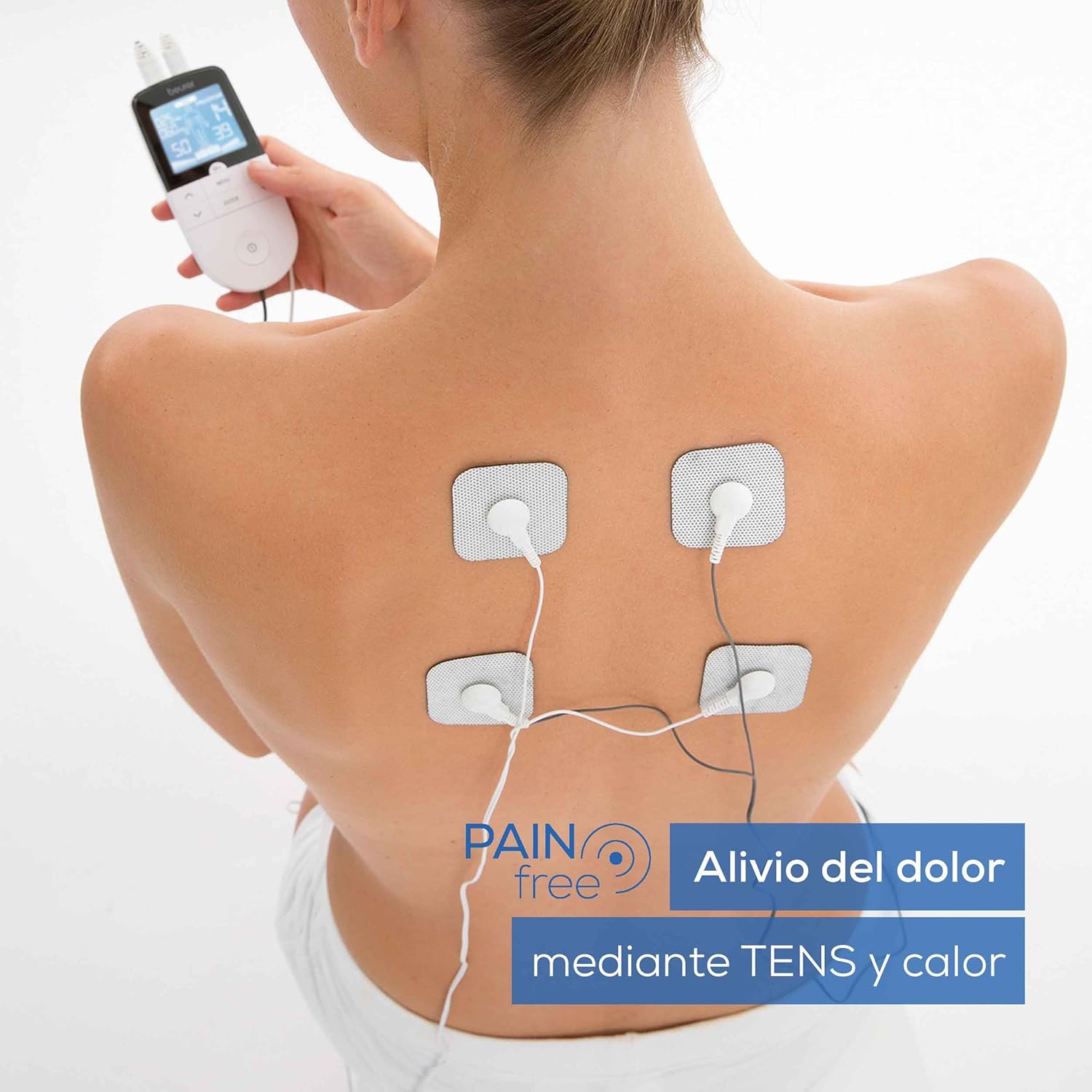 Imagen de Beurer EM 49 TENS/EMS digital, dispositivo de corriente de estimulación 3 en 1 para el alivio del dolor y entrenamiento, función de masaje, incluye 4 electrodos, Color Blanco