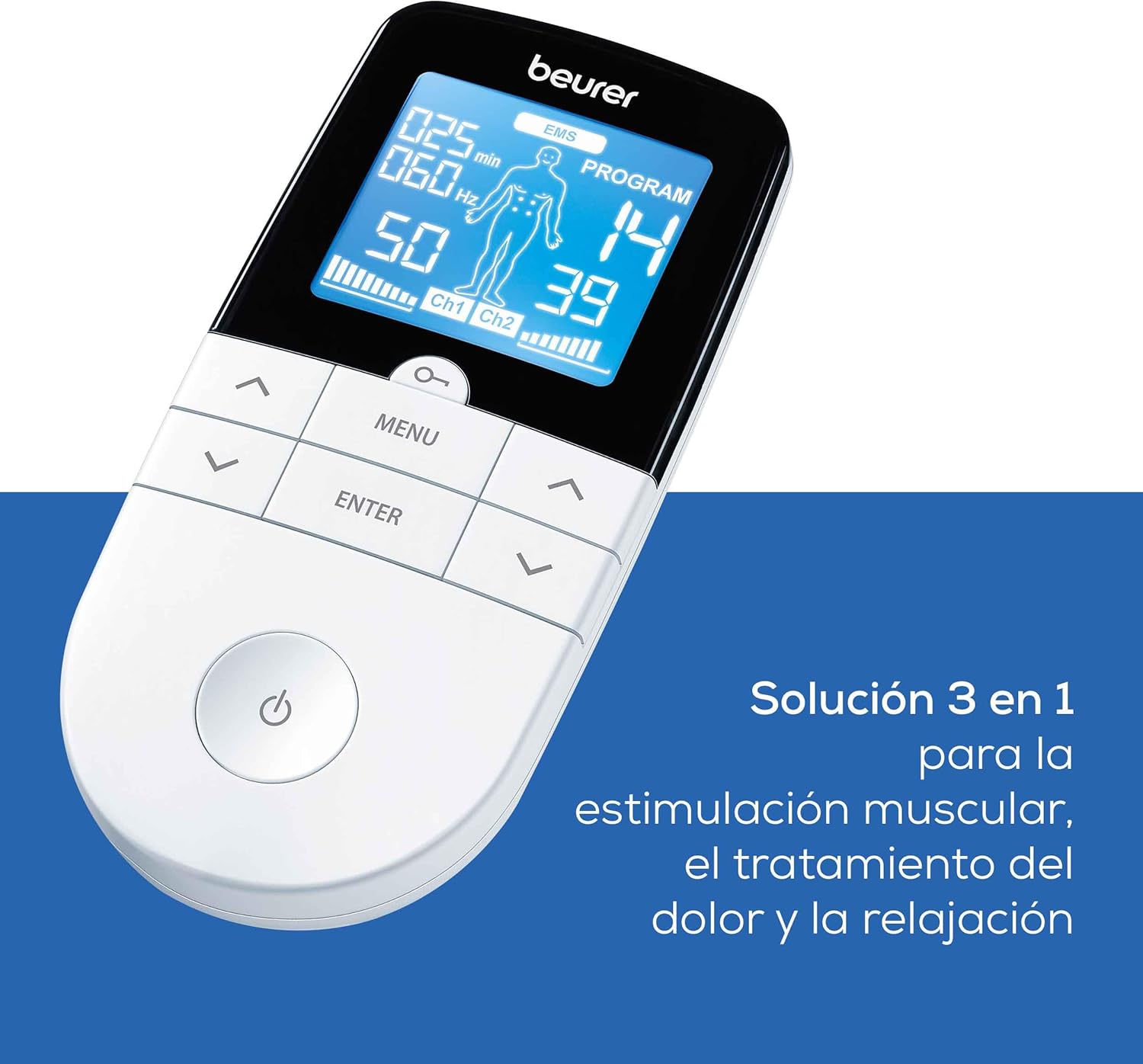 Imagen de Beurer EM 49 TENS/EMS digital, dispositivo de corriente de estimulación 3 en 1 para el alivio del dolor y entrenamiento, función de masaje, incluye 4 electrodos, Color Blanco