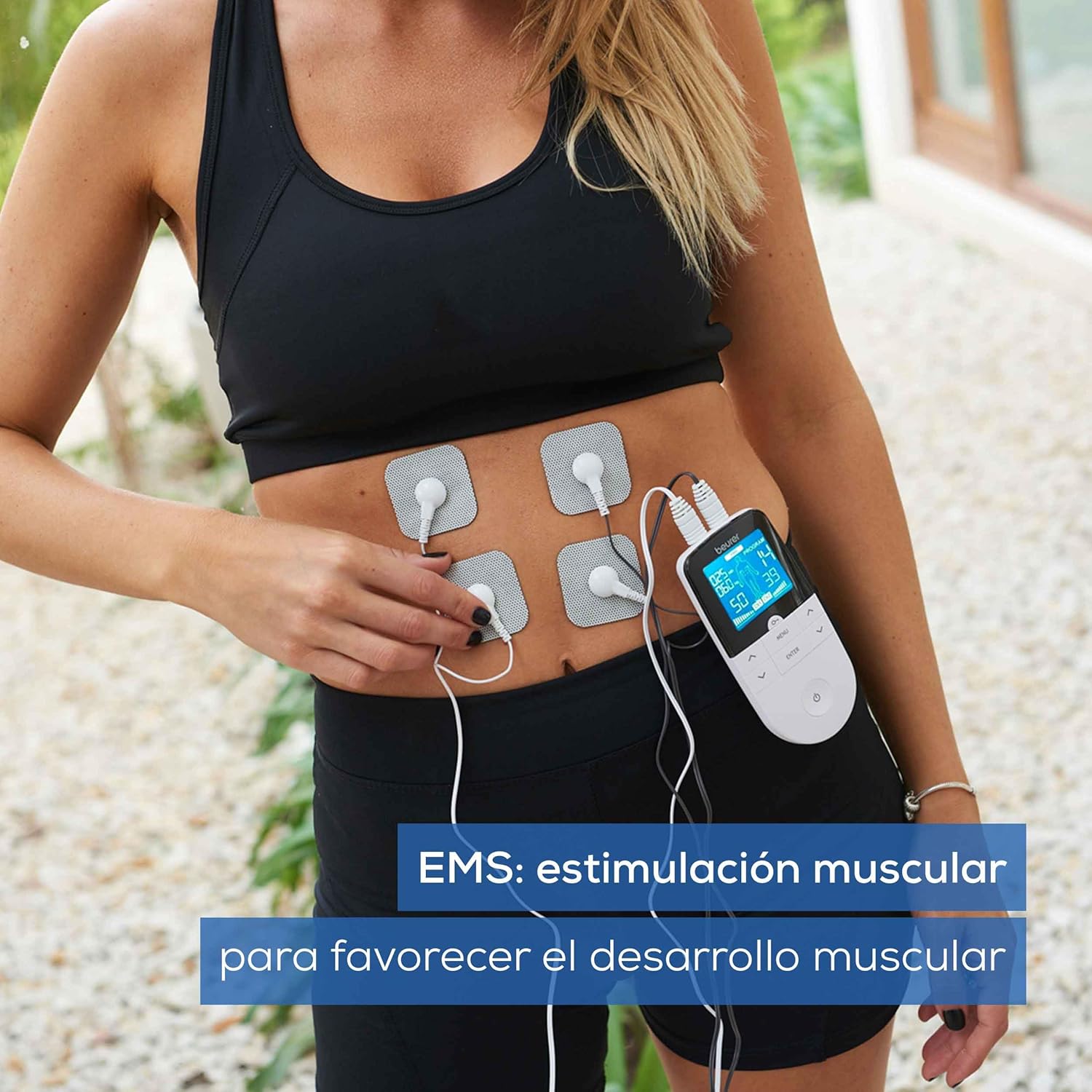 Imagen de Beurer EM 49 TENS/EMS digital, dispositivo de corriente de estimulación 3 en 1 para el alivio del dolor y entrenamiento, función de masaje, incluye 4 electrodos, Color Blanco