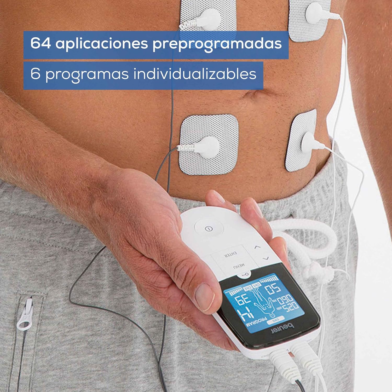 Imagen de Beurer EM 49 TENS/EMS digital, dispositivo de corriente de estimulación 3 en 1 para el alivio del dolor y entrenamiento, función de masaje, incluye 4 electrodos, Color Blanco