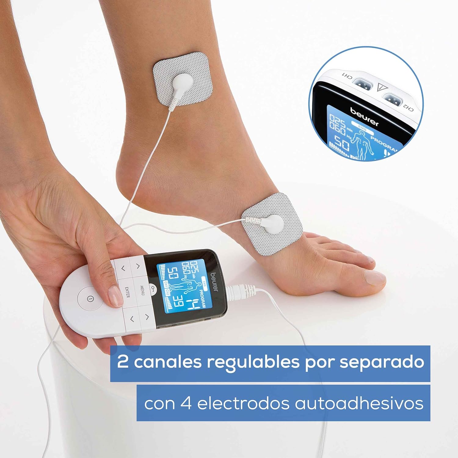 Imagen de Beurer EM 49 TENS/EMS digital, dispositivo de corriente de estimulación 3 en 1 para el alivio del dolor y entrenamiento, función de masaje, incluye 4 electrodos, Color Blanco