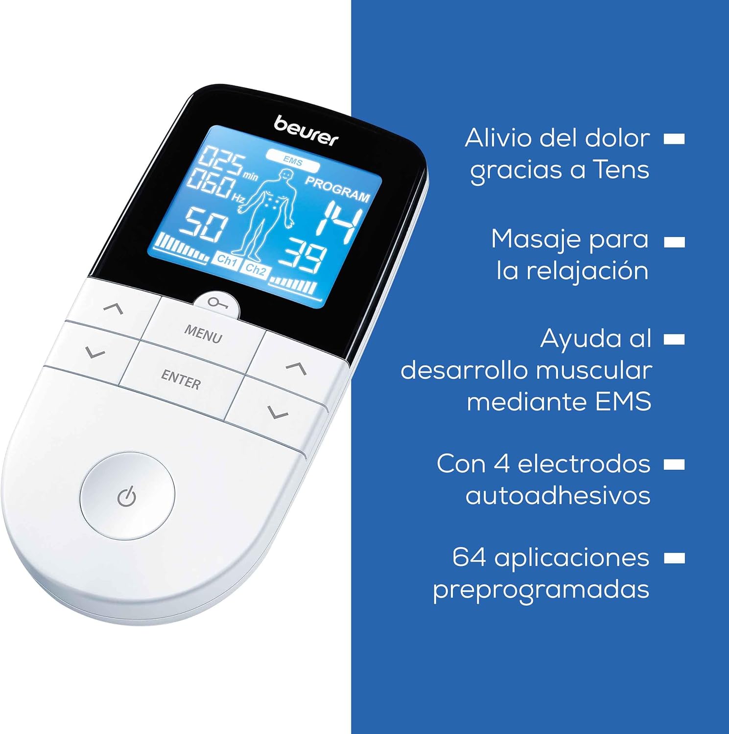 Imagen de Beurer EM 49 TENS/EMS digital, dispositivo de corriente de estimulación 3 en 1 para el alivio del dolor y entrenamiento, función de masaje, incluye 4 electrodos, Color Blanco