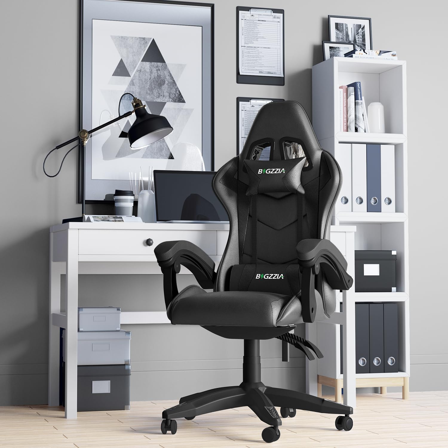 Imagen de bigzzia Silla Gaming,Silla Ergonómica de Oficina en Cuero PU,Regulable en Altura con Soporte Lumbar y Reposacabezas,Respaldo Reclinable 155°,Silla Gamer Adulto Niño(Negro)