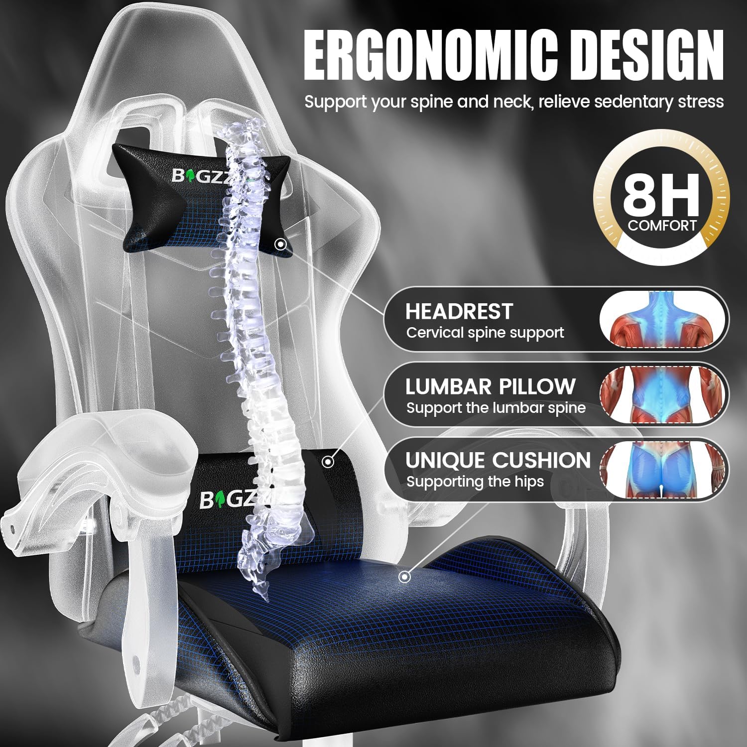 Imagen de bigzzia Silla Gaming,Silla Ergonómica de Oficina en Cuero PU,Regulable en Altura con Soporte Lumbar y Reposacabezas,Respaldo Reclinable 155°,Silla Gamer Adulto Niño(Negro)