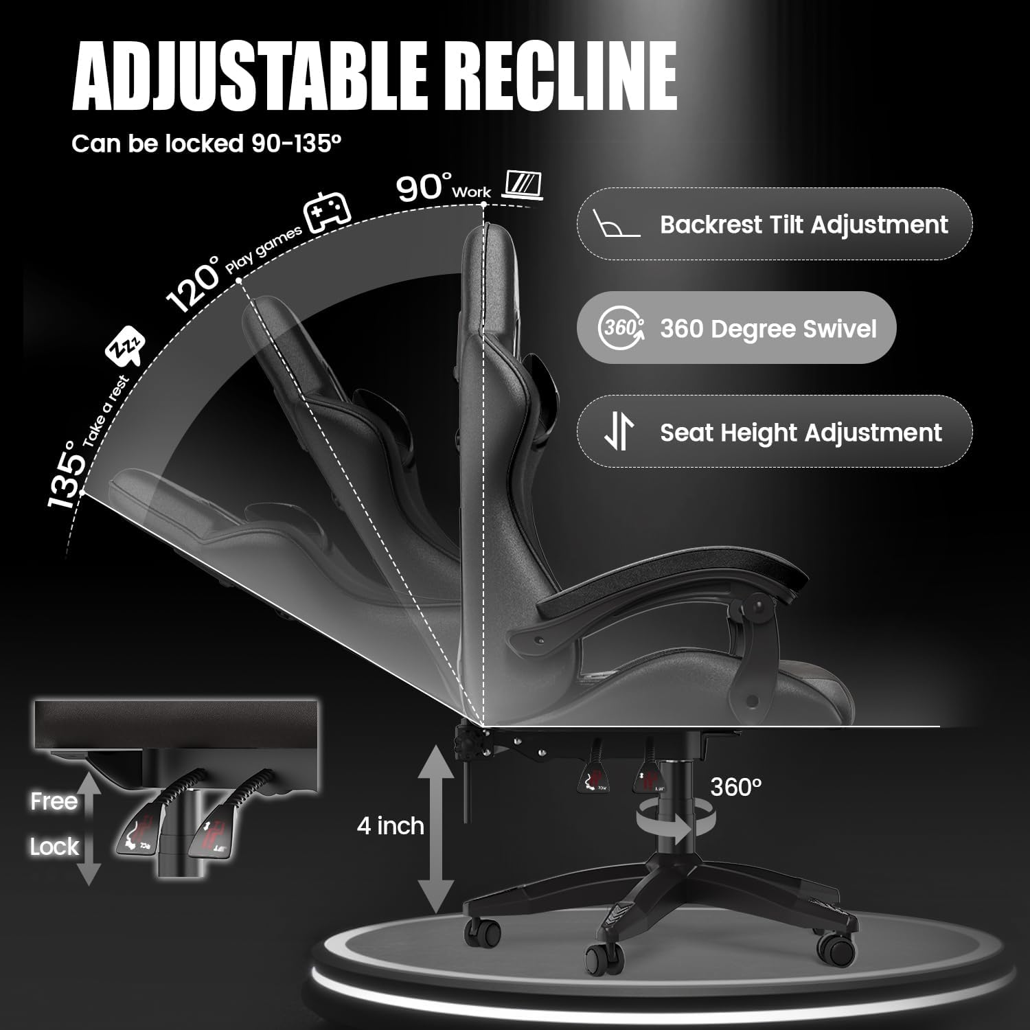 Imagen de bigzzia Silla Gaming,Silla Ergonómica de Oficina en Cuero PU,Regulable en Altura con Soporte Lumbar y Reposacabezas,Respaldo Reclinable 155°,Silla Gamer Adulto Niño(Negro)