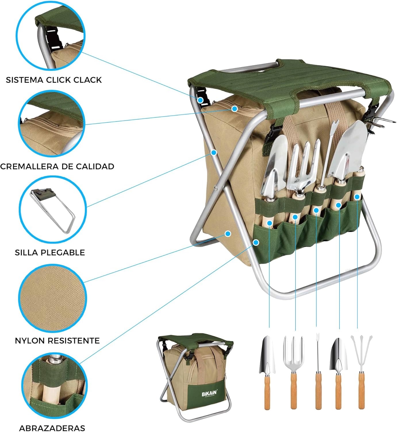 Imagen de BIKAIN - Herramientas de Jardinería - Taburete Plegable + Bolsa + Herramientas - Kit de Jardinería - Bolsa de Almacemiento con Cremallera - Incluye 5 Herramientas con Mango de Madera