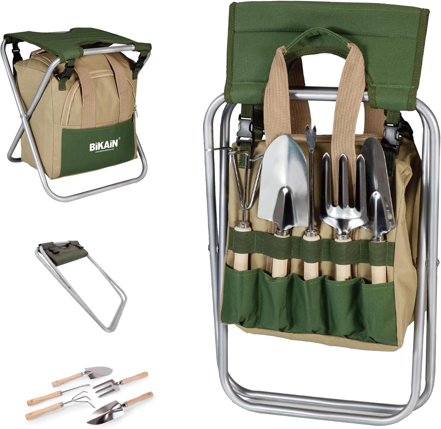 Imagen de BIKAIN - Herramientas de Jardinería - Taburete Plegable + Bolsa + Herramientas - Kit de Jardinería - Bolsa de Almacemiento con Cremallera - Incluye 5 Herramientas con Mango de Madera