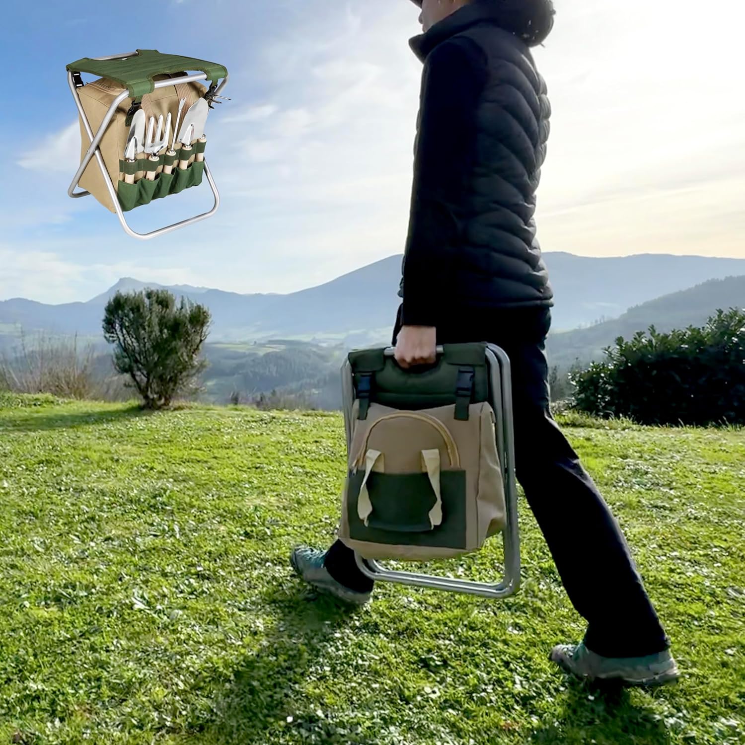 Imagen de BIKAIN - Herramientas de Jardinería - Taburete Plegable + Bolsa + Herramientas - Kit de Jardinería - Bolsa de Almacemiento con Cremallera - Incluye 5 Herramientas con Mango de Madera