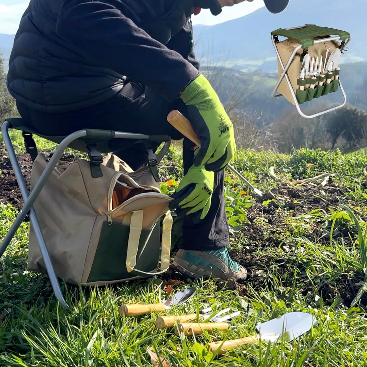 Imagen de BIKAIN - Herramientas de Jardinería - Taburete Plegable + Bolsa + Herramientas - Kit de Jardinería - Bolsa de Almacemiento con Cremallera - Incluye 5 Herramientas con Mango de Madera