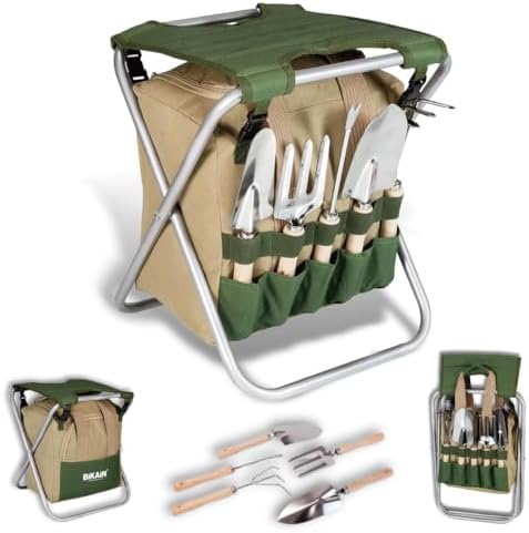 Imagen de BIKAIN - Herramientas de Jardinería - Taburete Plegable + Bolsa + Herramientas - Kit de Jardinería - Bolsa de Almacemiento con Cremallera - Incluye 5 Herramientas con Mango de Madera
