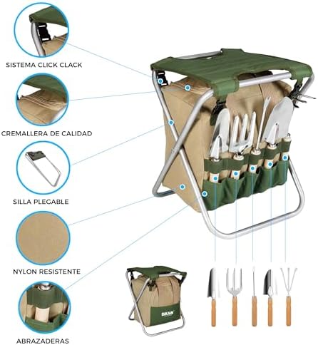 Imagen de BIKAIN - Herramientas de Jardinería - Taburete Plegable + Bolsa + Herramientas - Kit de Jardinería - Bolsa de Almacemiento con Cremallera - Incluye 5 Herramientas con Mango de Madera