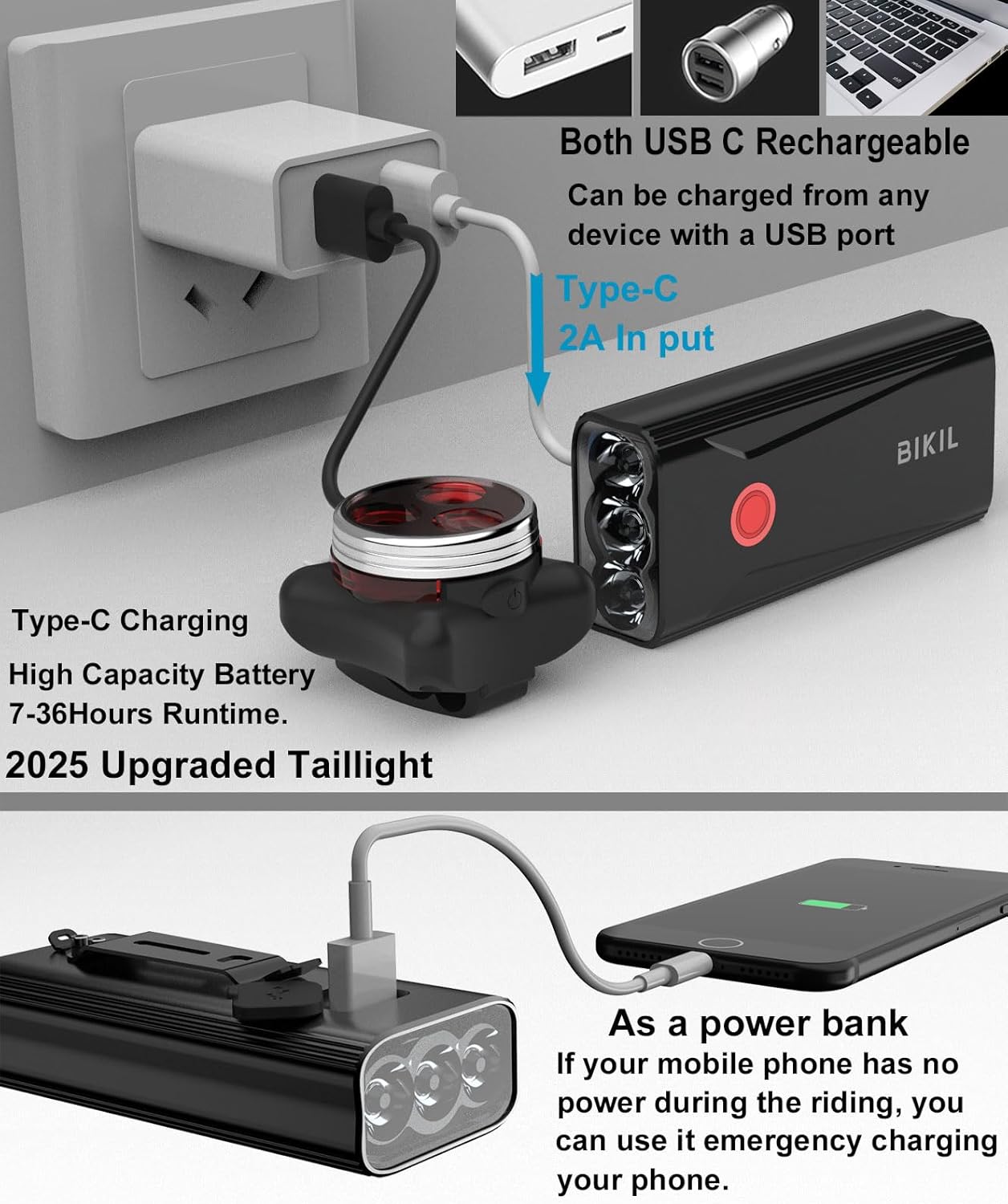 Imagen de BIKIL luz Bicicleta 6400mAh luz Delantera Bicicleta Recargable USB C Luces Bicicleta Delantera y Trasera LED Impermeable Linterna Potente 2400 Lúmenes para Ciclismo Carretera y Montaña para la Noche