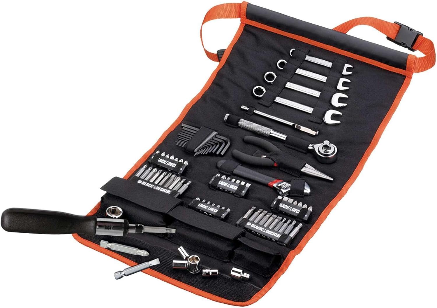 Imagen de BLACK+DECKER Kit de 77 herramientas para automóvil, Incluye Rollo de Nylon, Atornillador de Carraca, Puntas Variadas, Llaves de Vaso, Llaves Hexagonales, Alicate, A7063-QZ