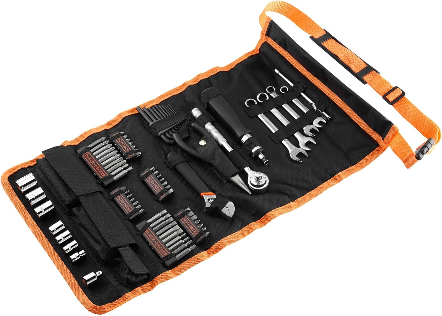 Imagen de BLACK+DECKER Kit de 77 herramientas para automóvil, Incluye Rollo de Nylon, Atornillador de Carraca, Puntas Variadas, Llaves de Vaso, Llaves Hexagonales, Alicate, A7063-QZ
