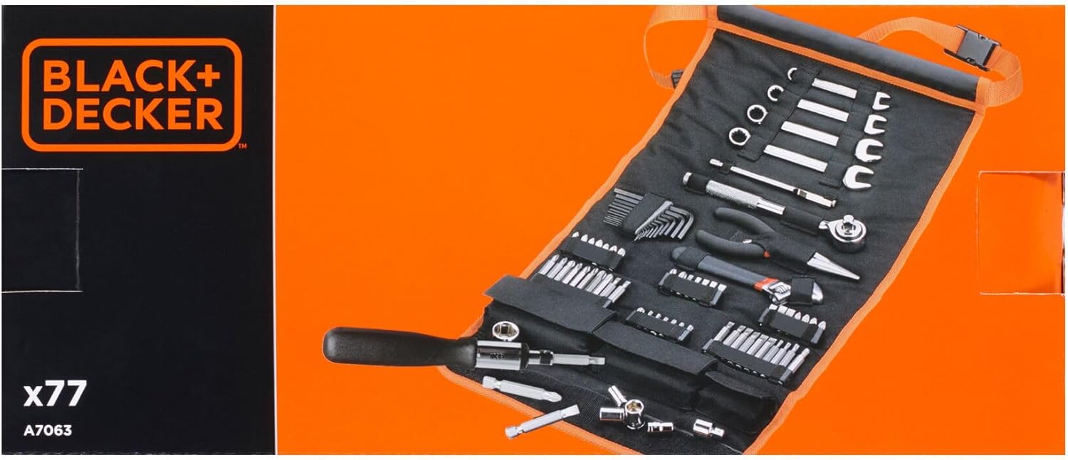 Imagen de BLACK+DECKER Kit de 77 herramientas para automóvil, Incluye Rollo de Nylon, Atornillador de Carraca, Puntas Variadas, Llaves de Vaso, Llaves Hexagonales, Alicate, A7063-QZ