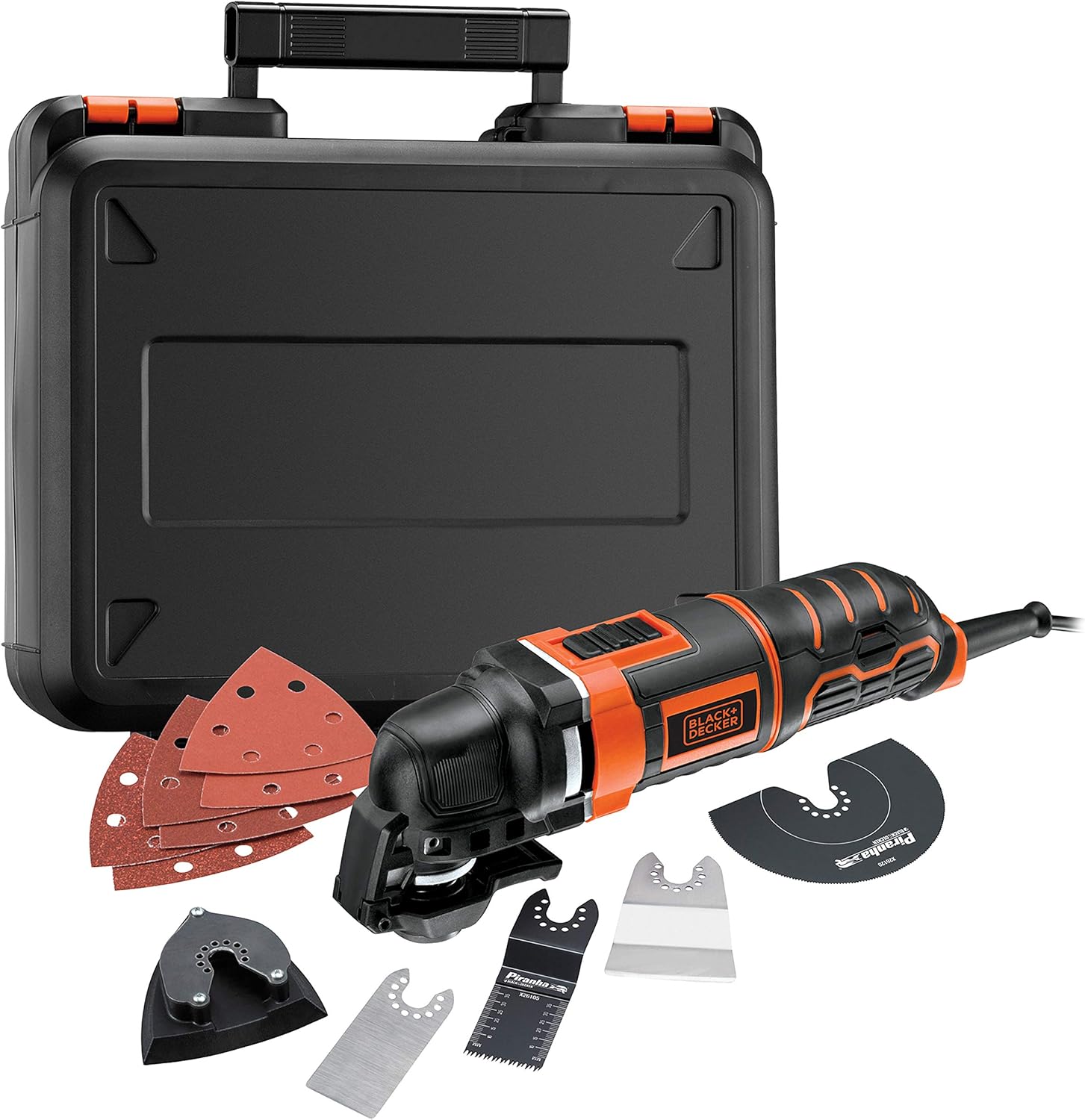 Imagen de BLACK+DECKER Multiherramienta Oscilante 300 W con 5 Acoplamientos, 6 Hojas de Lija y Maletín, Negro/Naranja, 230 V, MT300KA-QS