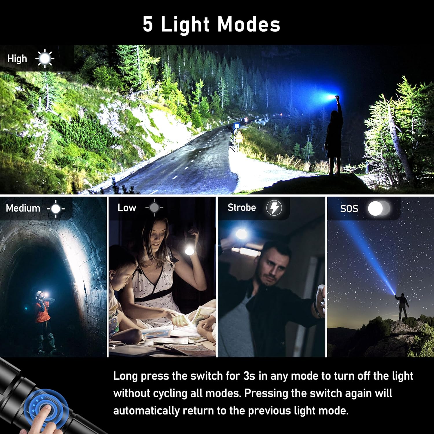 Imagen de Blukar Linternas LED Alta Potencia, Recargable Linternas con 5 Modos de Luz, Zoomable, Impermeable Portátil Linterna para Camping/Senderismo/Al aire Libre/Emergencias