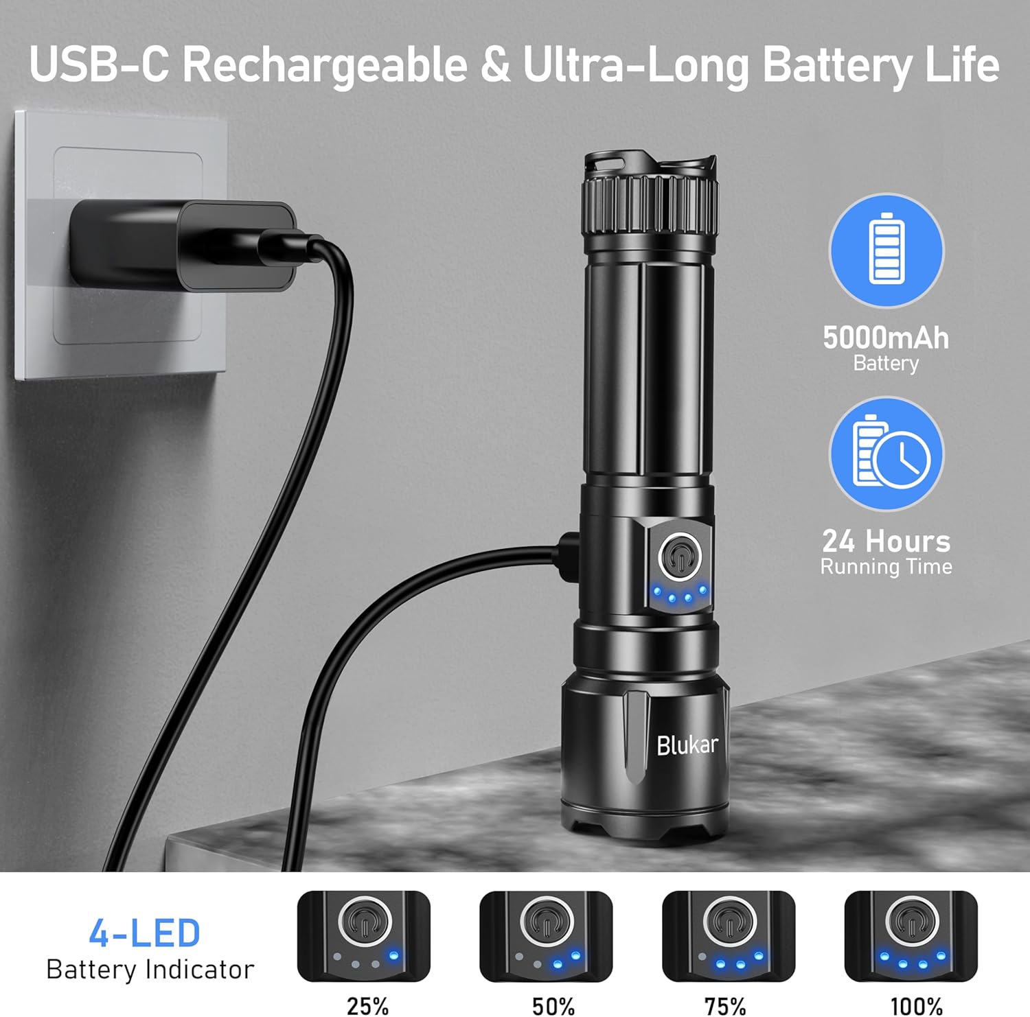 Imagen de Blukar Linternas LED Alta Potencia, Recargable Linternas con 5 Modos de Luz, Zoomable, Impermeable Portátil Linterna para Camping/Senderismo/Al aire Libre/Emergencias