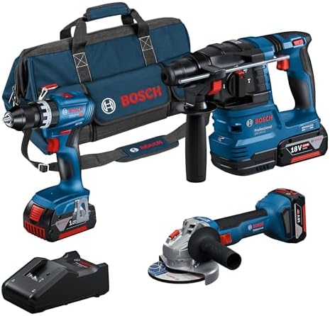 Imagen de Bosch Professional 18V System Combo-Kit: GSB 18V-45 + GBH 18V-22 + GWS 18V-8 (incl. 3 GBA 4,0 Ah, GAL 18V-40, Maletín - Amazon Exclusive