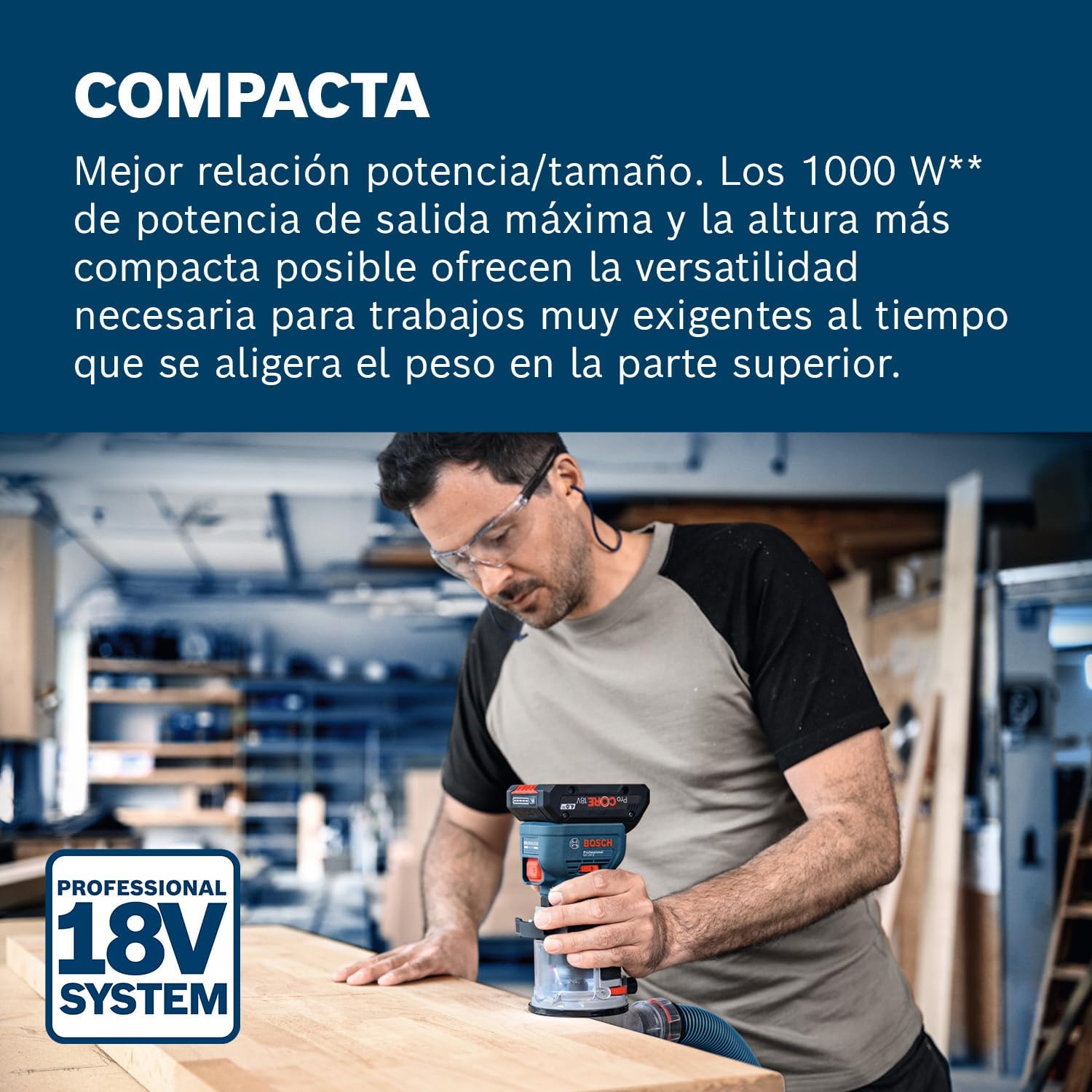 Imagen de Bosch Professional 18V System fresadora corte batería GFK 18V-8 (incl. guía paralela, 2 adaptadores aspirador fresado, protección contra virutas, pinza sujeción de 8 mm, llave, sin batería/cargador)