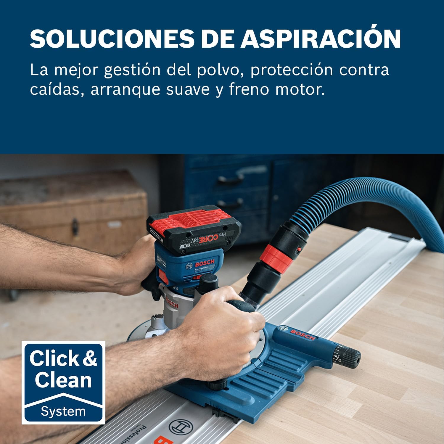 Imagen de Bosch Professional 18V System fresadora corte batería GFK 18V-8 (incl. guía paralela, 2 adaptadores aspirador fresado, protección contra virutas, pinza sujeción de 8 mm, llave, sin batería/cargador)