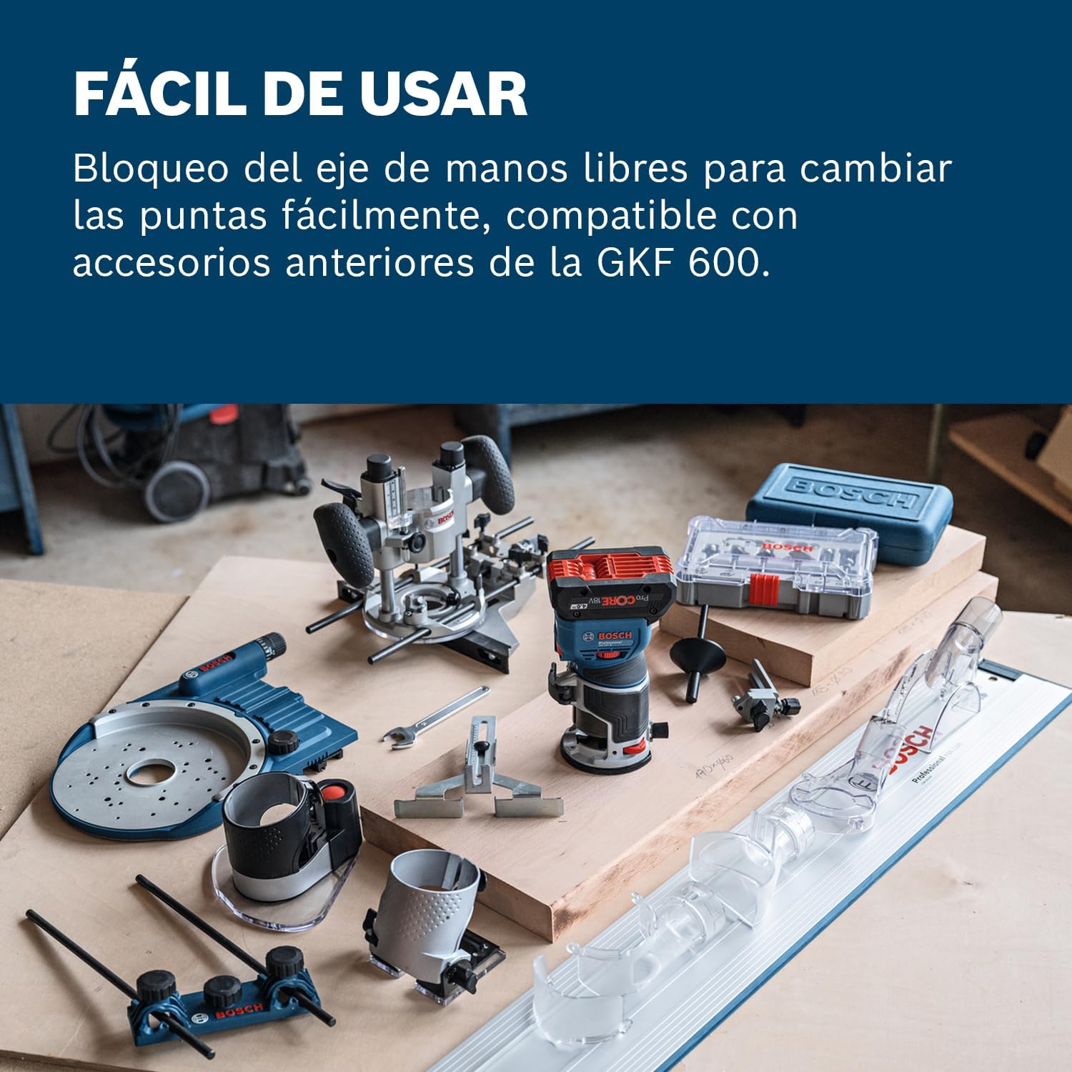 Imagen de Bosch Professional 18V System fresadora corte batería GFK 18V-8 (incl. guía paralela, 2 adaptadores aspirador fresado, protección contra virutas, pinza sujeción de 8 mm, llave, sin batería/cargador)