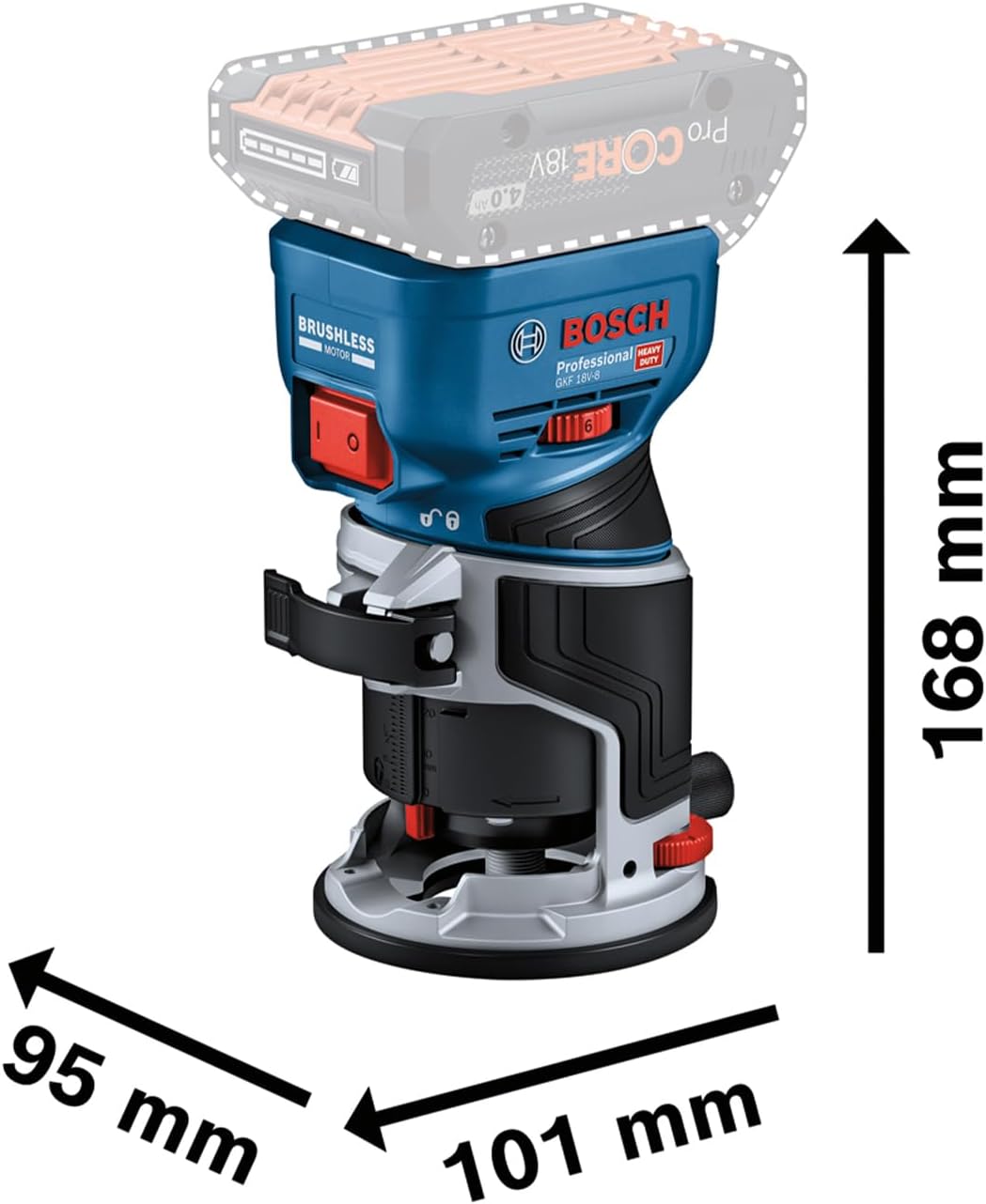 Imagen de Bosch Professional 18V System fresadora corte batería GFK 18V-8 (incl. guía paralela, 2 adaptadores aspirador fresado, protección contra virutas, pinza sujeción de 8 mm, llave, sin batería/cargador)