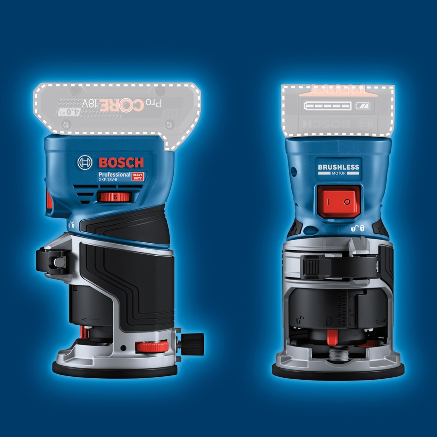 Imagen de Bosch Professional 18V System fresadora corte batería GFK 18V-8 (incl. guía paralela, 2 adaptadores aspirador fresado, protección contra virutas, pinza sujeción de 8 mm, llave, sin batería/cargador)