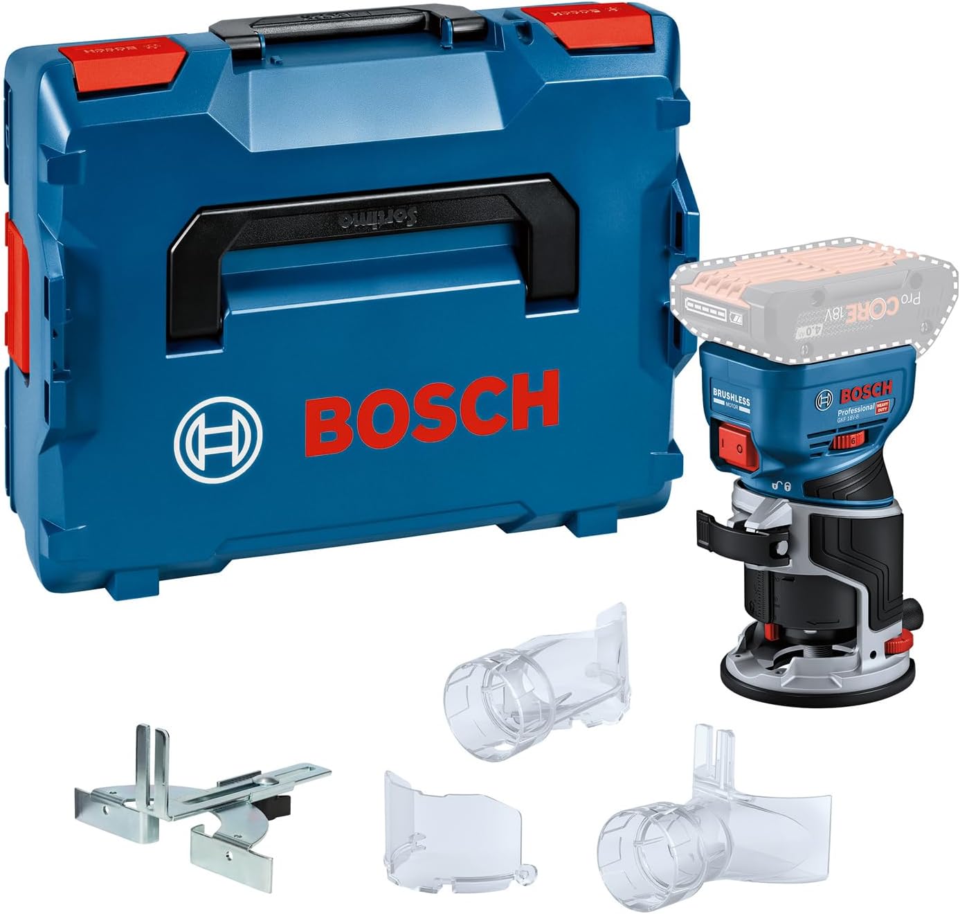 Imagen de Bosch Professional 18V System fresadora corte batería GFK 18V-8 (incl. guía paralela, 2 adaptadores aspirador fresado, protección contra virutas, pinza sujeción de 8 mm, llave, sin batería/cargador)