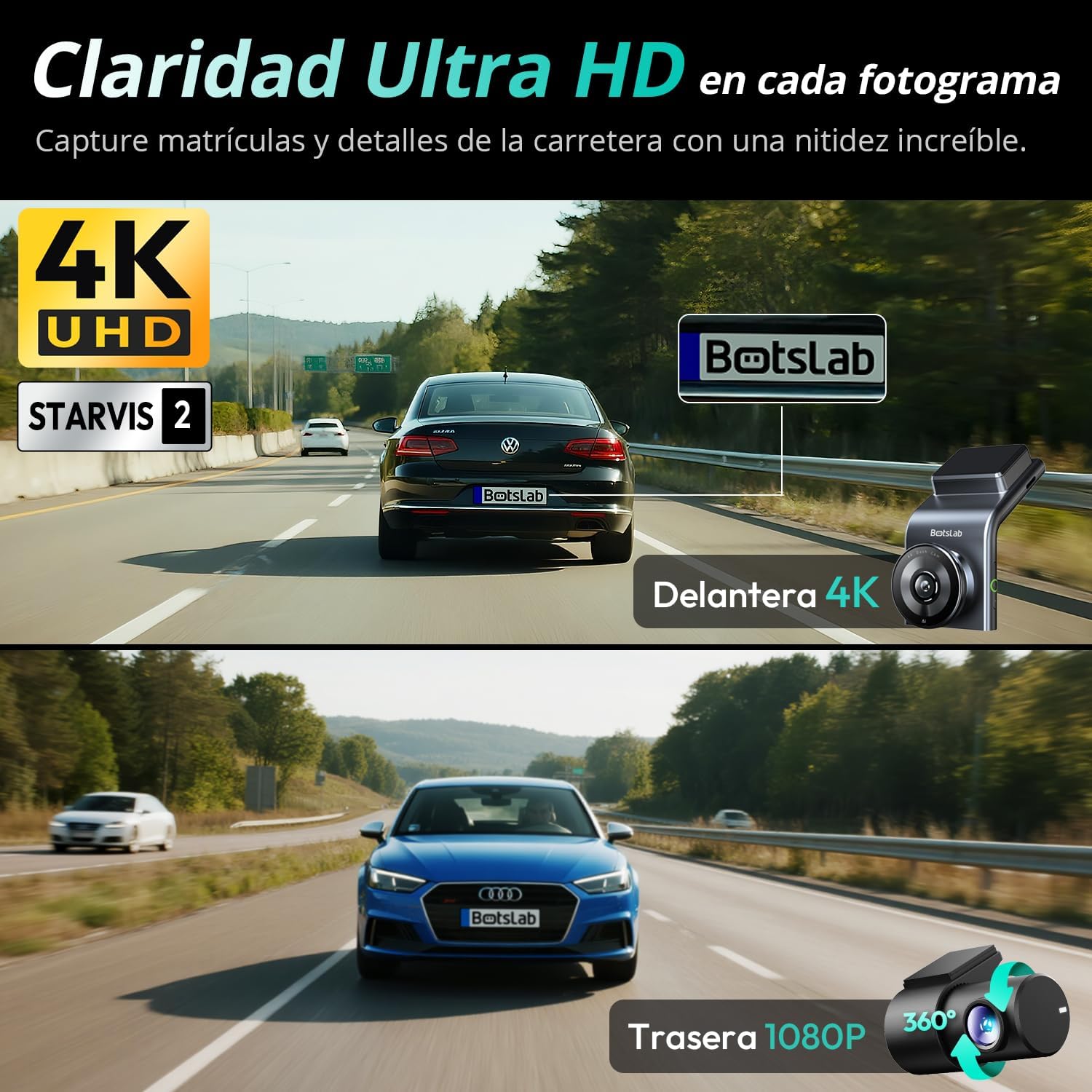 Imagen de BOTSLAB 4K Cámara Doble para Salpicadero Delantera y Trasera, Sensor STARVIS 2, GPS Integrado, Control por Voz, Cámara WiFi de 5 GHz para Automóviles, Tarjeta de 64 GB Incluida.