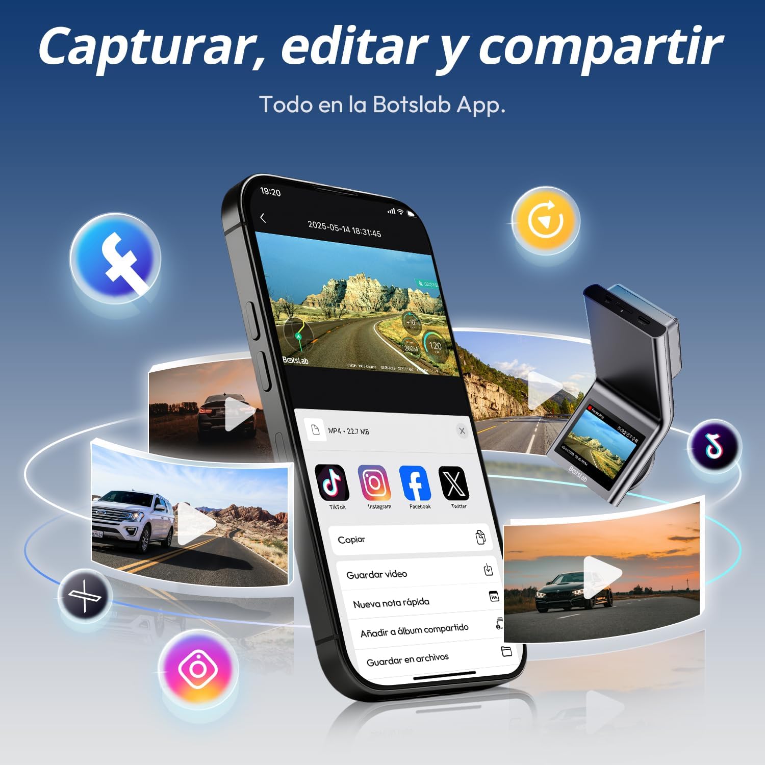 Imagen de BOTSLAB 4K Cámara Doble para Salpicadero Delantera y Trasera, Sensor STARVIS 2, GPS Integrado, Control por Voz, Cámara WiFi de 5 GHz para Automóviles, Tarjeta de 64 GB Incluida.