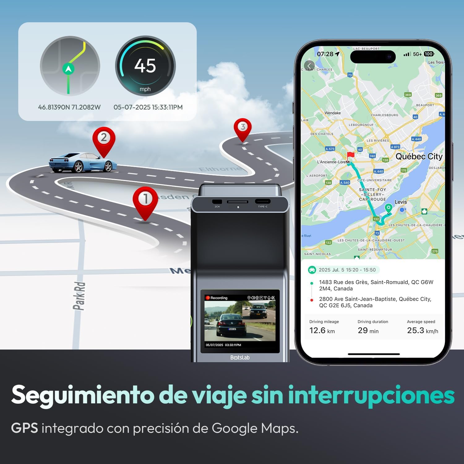 Imagen de BOTSLAB 4K Cámara Doble para Salpicadero Delantera y Trasera, Sensor STARVIS 2, GPS Integrado, Control por Voz, Cámara WiFi de 5 GHz para Automóviles, Tarjeta de 64 GB Incluida.
