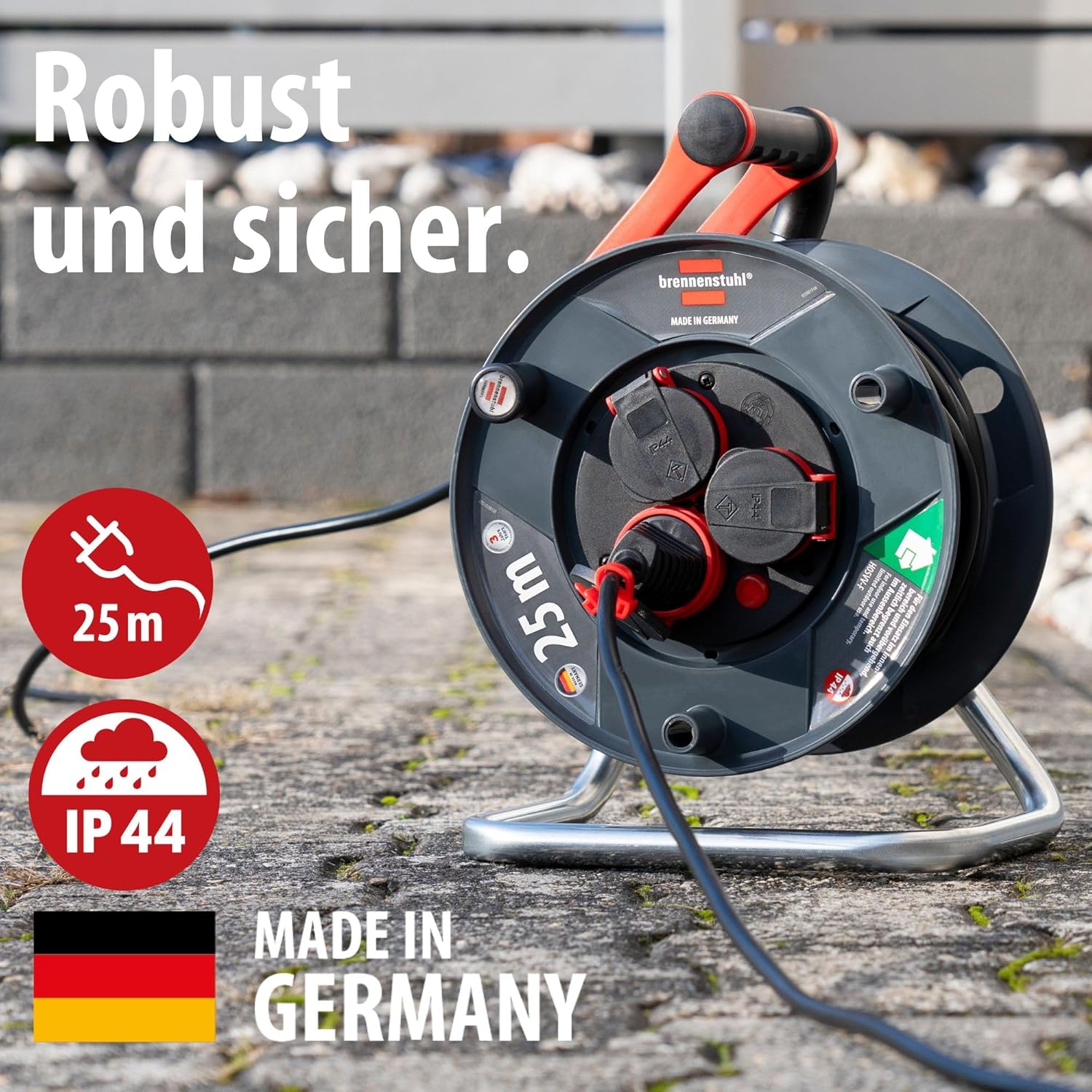 Imagen de Brennenstuhl Enrollacables Garant V2 IP44 25m exterior (Made in Germany, 3 tomas de corriente con contacto de puesta a tierra, plástico especial)
