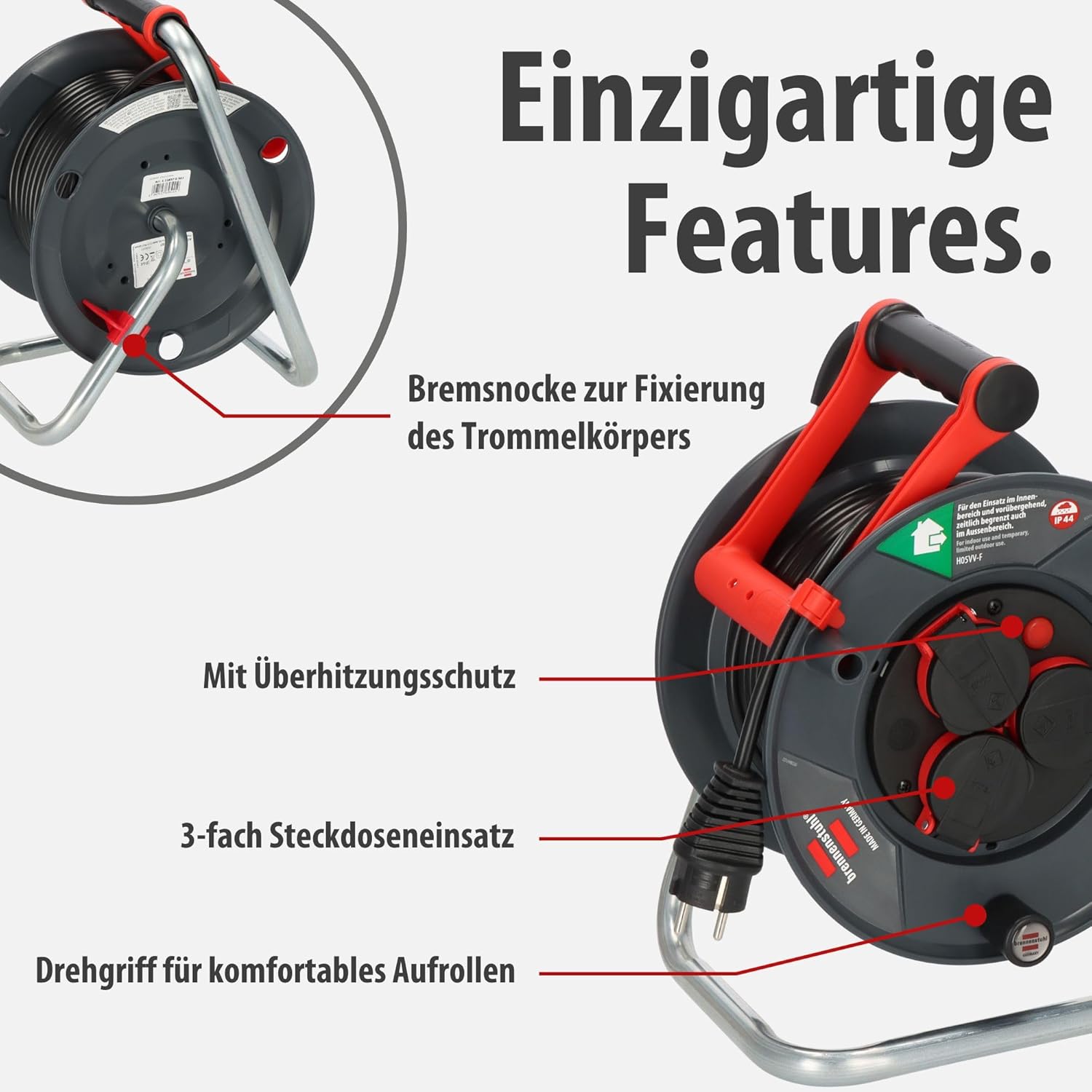 Imagen de Brennenstuhl Enrollacables Garant V2 IP44 25m exterior (Made in Germany, 3 tomas de corriente con contacto de puesta a tierra, plástico especial)