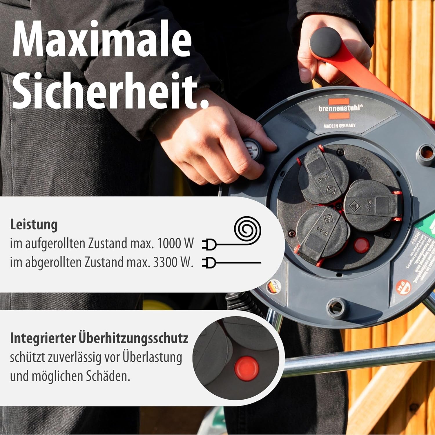 Imagen de Brennenstuhl Enrollacables Garant V2 IP44 25m exterior (Made in Germany, 3 tomas de corriente con contacto de puesta a tierra, plástico especial)