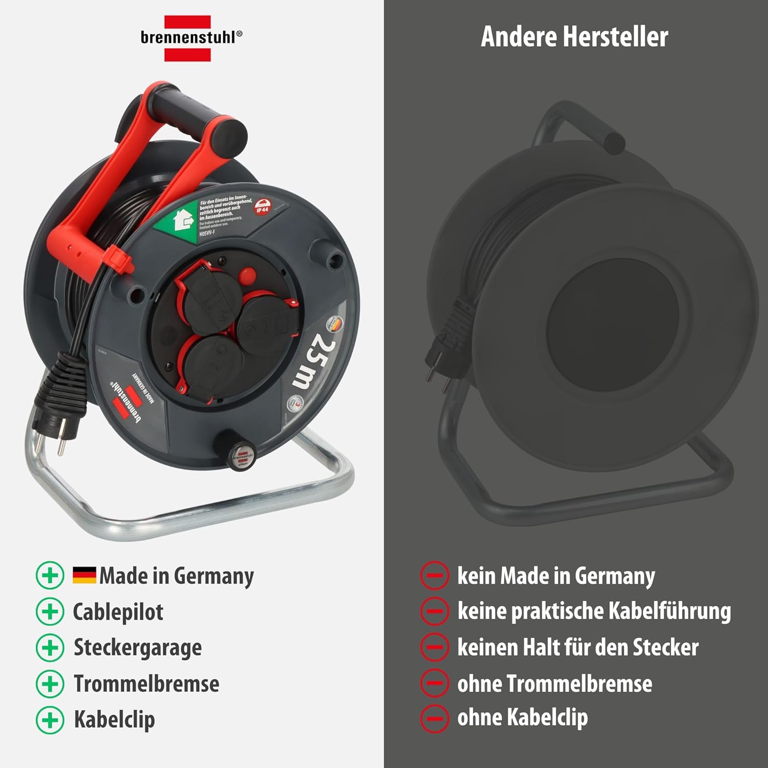 Imagen de Brennenstuhl Enrollacables Garant V2 IP44 25m exterior (Made in Germany, 3 tomas de corriente con contacto de puesta a tierra, plástico especial)