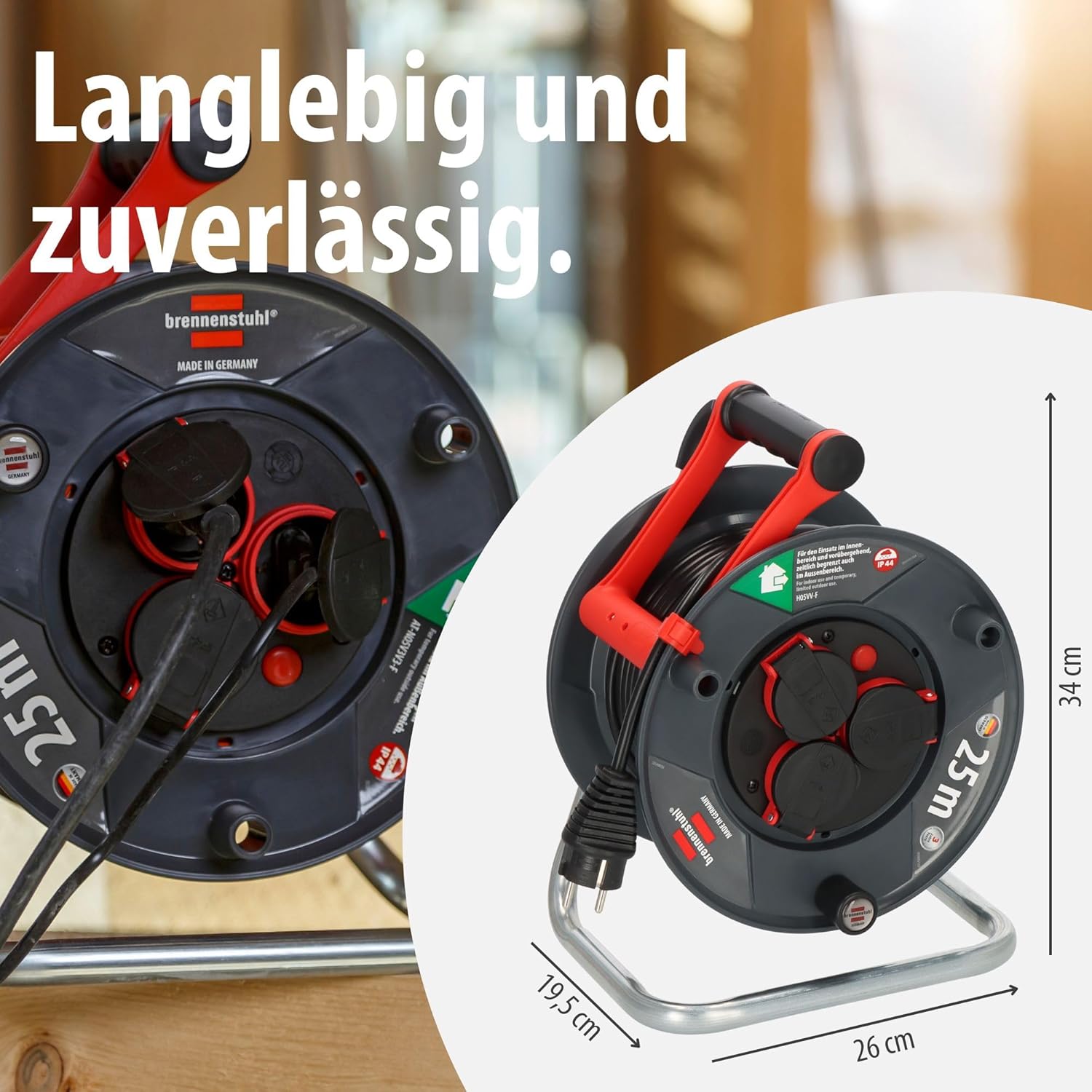 Imagen de Brennenstuhl Enrollacables Garant V2 IP44 25m exterior (Made in Germany, 3 tomas de corriente con contacto de puesta a tierra, plástico especial)