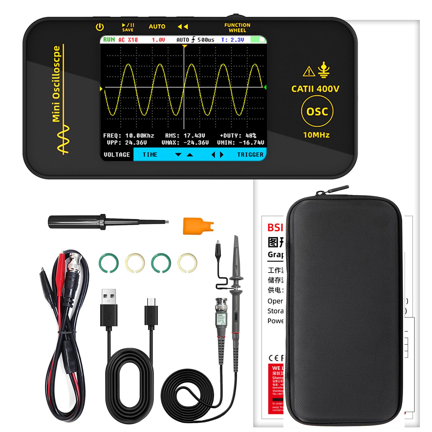 Imagen de BSIDE OT3 Mini Osciloscopio Digital de Bolsillo 10MHz Ancho de Banda 48MSa/s Muestreo Osciloscopio Portátil Recargable Ultra Delgado con LCD a Color de 3.2 Pulgadas para Coche Audio Electrónica