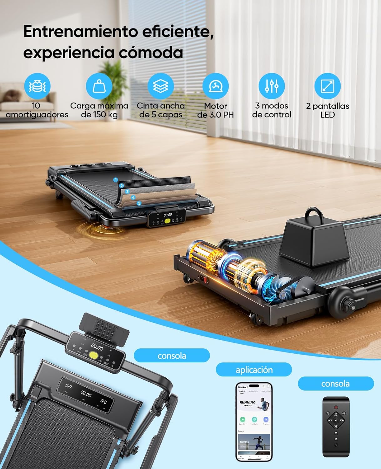 Imagen de Cinta de Correr Plegable, 6 en 1 Cinta de Correr con Inclinación 3 Niveles, Motor 3.0 HP, Velocidad 1-12 km/h, Manillar Extensible 15 cm, Cinta de Andar con Cinta RGB, App, Carga 150 kg