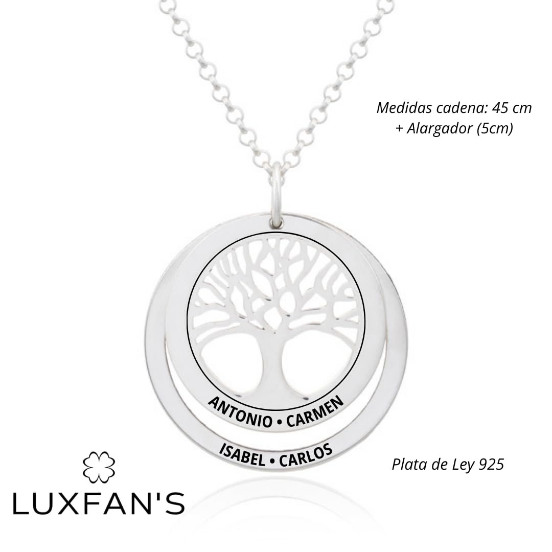 Imagen de Collar Árbol de la Vida en Plata de Ley 925 personalizable. Cadena de 45cm. Regalo ideal madre abuela con nombres familia. Cumpleaños, Navidad. Hecho en España. (Collar Árbol de la Vida + 1 Aro)