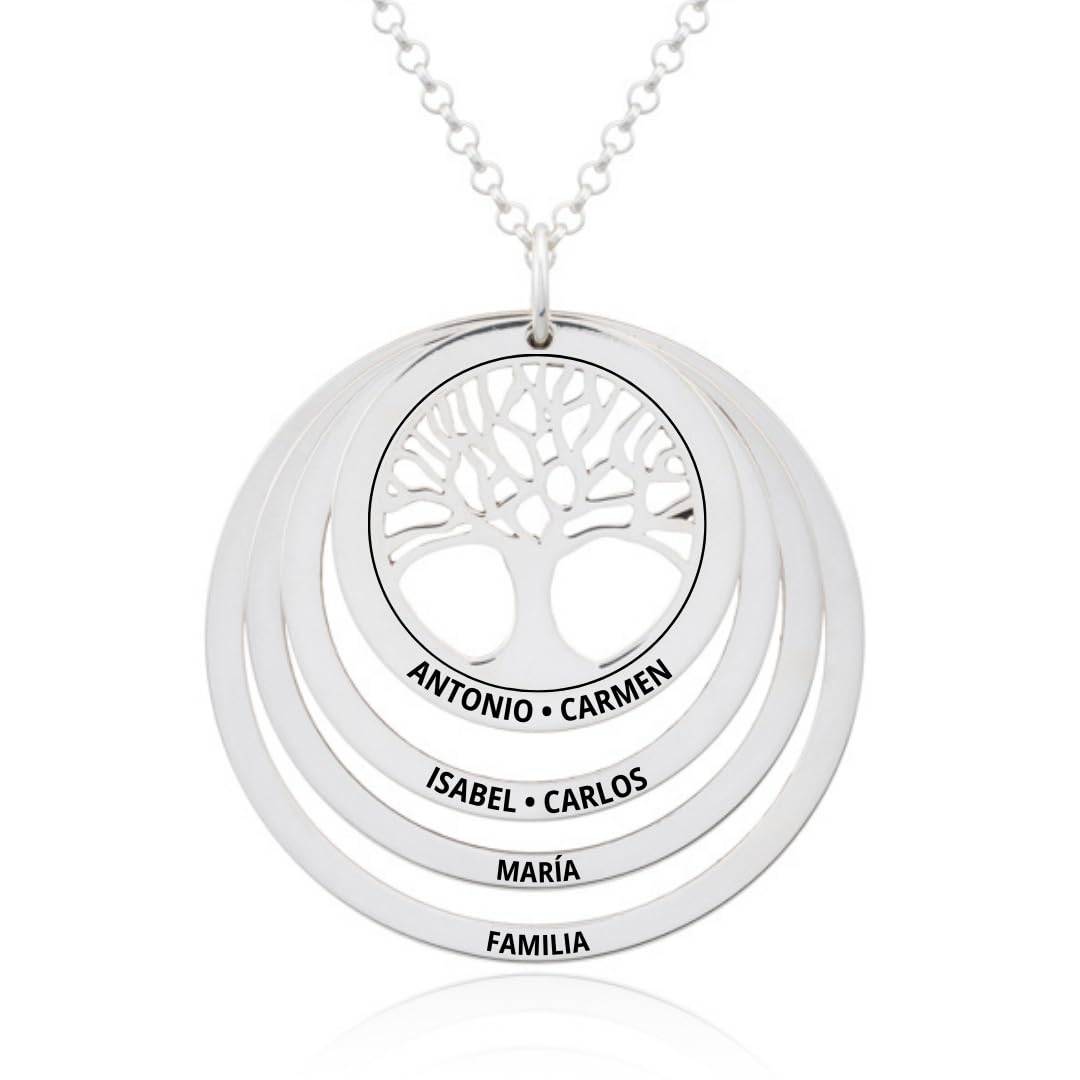 Imagen de Collar Árbol de la Vida en Plata de Ley 925 personalizable. Cadena de 45cm. Regalo ideal madre abuela con nombres familia. Cumpleaños, Navidad. Hecho en España. (Collar Árbol de la Vida + 1 Aro)