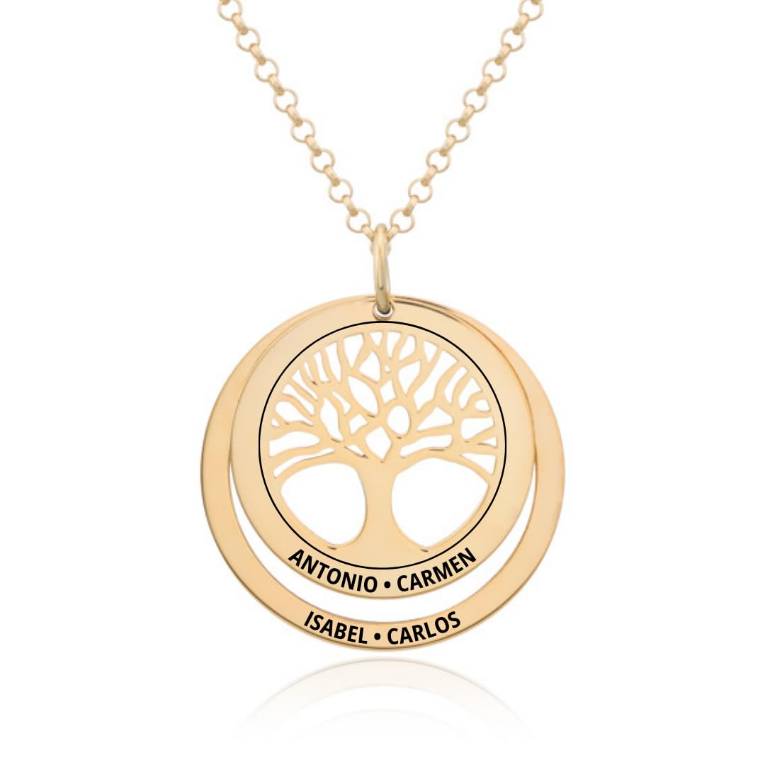 Imagen de Collar Árbol de la Vida en Plata de Ley 925 personalizable. Cadena de 45cm. Regalo ideal madre abuela con nombres familia. Cumpleaños, Navidad. Hecho en España. (Collar Árbol de la Vida + 1 Aro)
