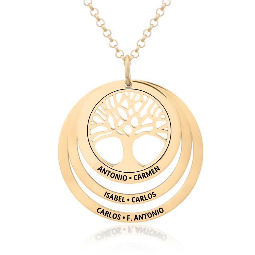Imagen de Collar Árbol de la Vida en Plata de Ley 925 personalizable. Cadena de 45cm. Regalo ideal madre abuela con nombres familia. Cumpleaños, Navidad. Hecho en España. (Collar Árbol de la Vida + 1 Aro)