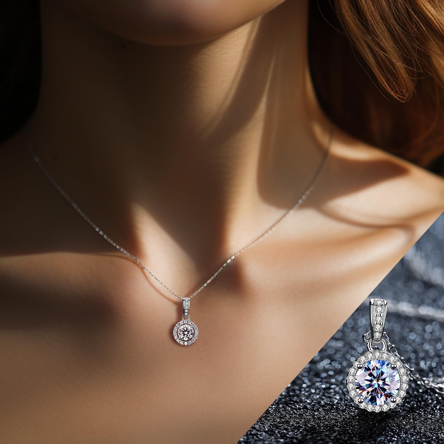 Imagen de Collares de moissanita para mujeres, colgante de plata 925, diamante de moissanita de 1-2 quilates, producido en laboratorio, plata 925 recubierta de oro blanco de 18 quilates, joya de colgante.