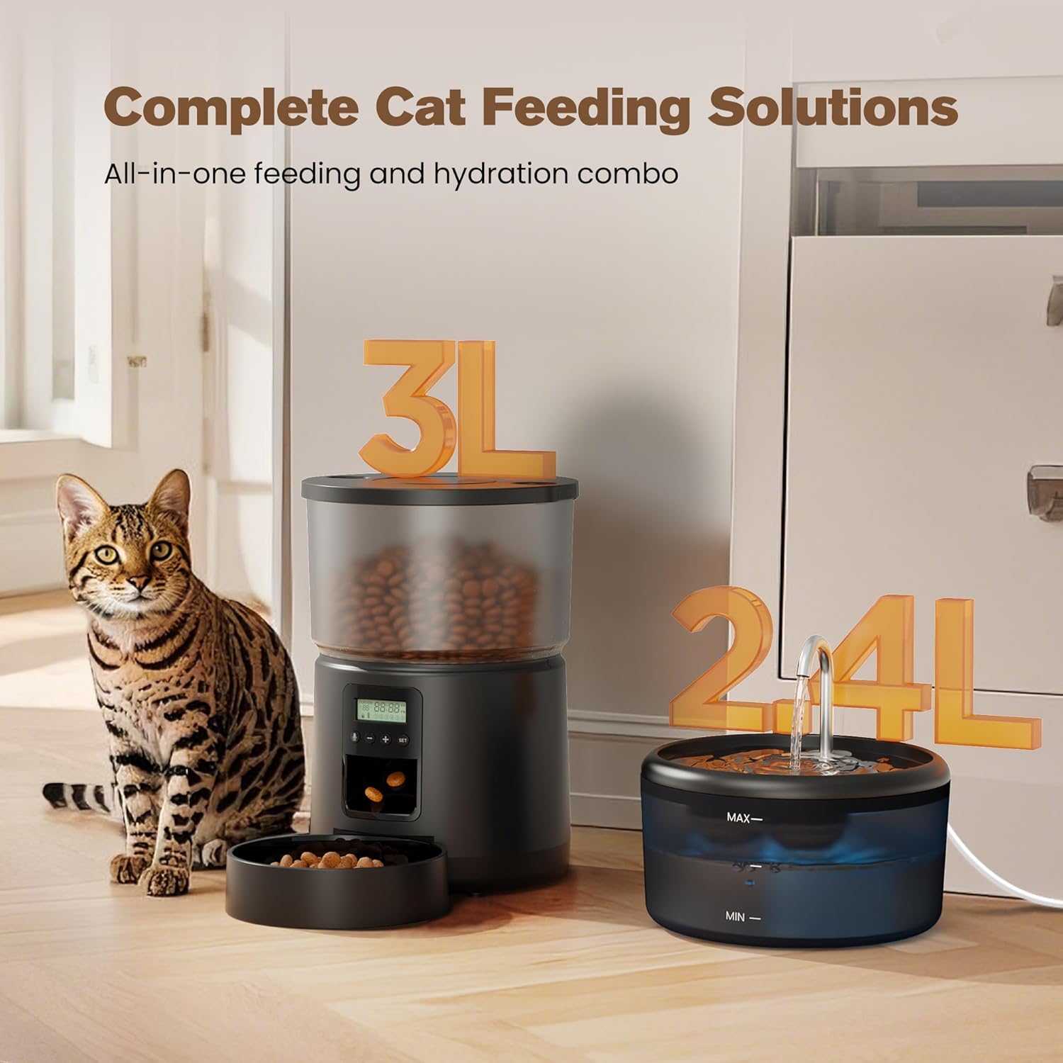 Imagen de Comedero Gato Automatico y Fuente para Gatos: Dispensador Comida Gatos con Programable Temporizador 6 Comida al Día - 3L Alimentador Perro y 2.4L Bebedero para Pequeño/Mediano Mascota - 10S Grabación