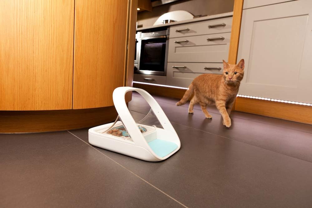 Imagen de Comedero para mascotas SureFeed Sure Petcare con lector de microchip y tapa sellada, compatible con placas de identificación RFID, para comida húmeda y seca, blanco, necesita 4 pilas C (no incluidas).