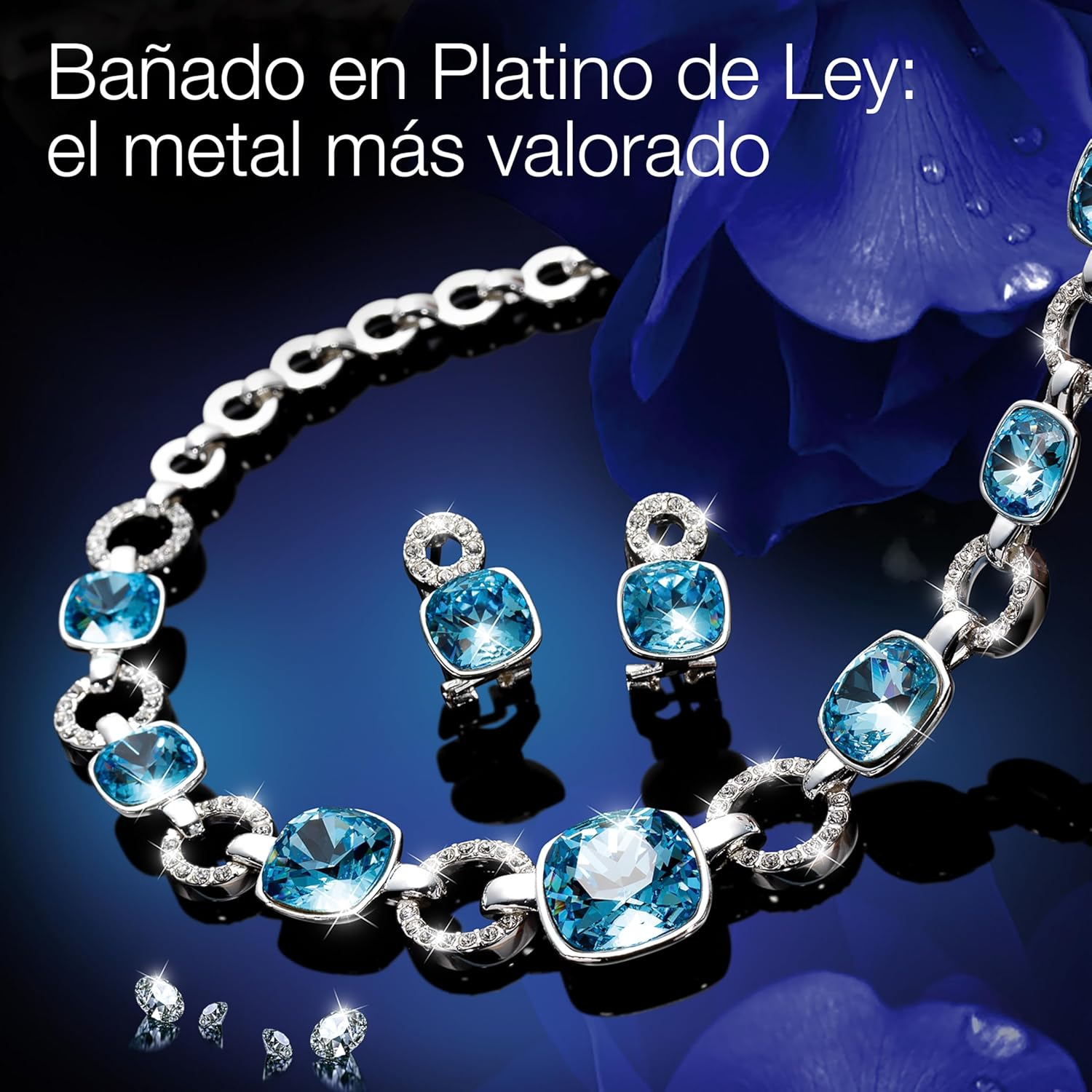 Imagen de Conjunto PLATINUM BLUE: 2 joyas para mujer bañadas Platino de Ley con 9 cristales de Swarovski color aguamarina y 104 cristales de Swarovski® transparentes. Gargantilla + Pendientes. Ideal para REGALO